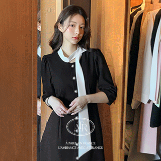 (MADE/브랜드퀄리티/하객룩/격식룩) 부티크 배색 타이 롱 플레어 원피스