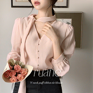 (레이어드템/청순가련무드♥) 루애느 브이넥 퍼프 리본 타이 블라우스