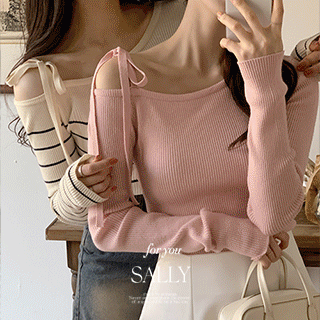 (무지/스트라이프/2ver.) 셀리 원오프숄더 리본 골지 니트