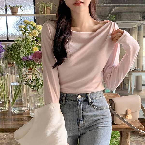 (보트넥/여리핏♥) 프루아 드레이프 셔링 긴팔 티셔츠
