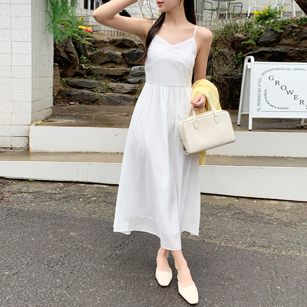 (코디만능템/끈조절ok) 블랑드 뷔스티에 나시 플레어 밴딩 롱 원피스