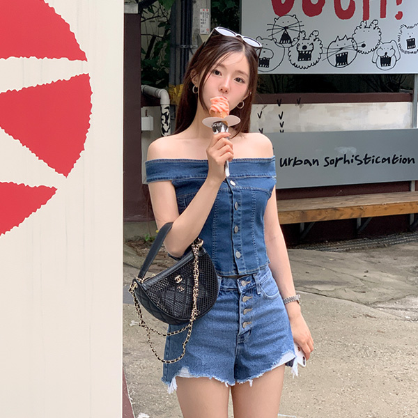 (모델PICK!/데이트룩강추♥) 보엔 오프숄더 세미 크롭 셔츠 블라우스