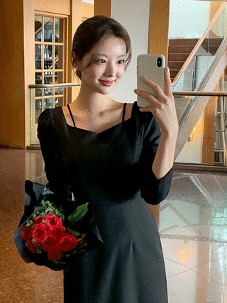 (MADE/H라인&플레어) 페리스 2기장 하트넥 롱 원피스