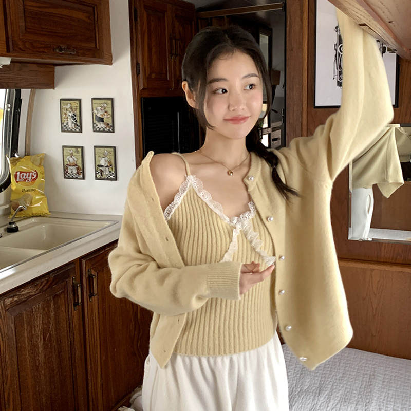 (초봄까지!) 리프 골지 레이스 나시 진주 가디건 세트