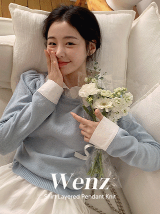 [1000장 돌파✨] (MADE/브랜드퀄리티) 웬즈 퍼프 숄더 카라 배색 레이어드 펜던트 니트