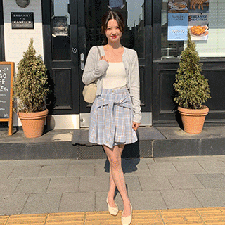 (스타일UP/허리밴딩) 프린 체크 매듭 미니 스커트