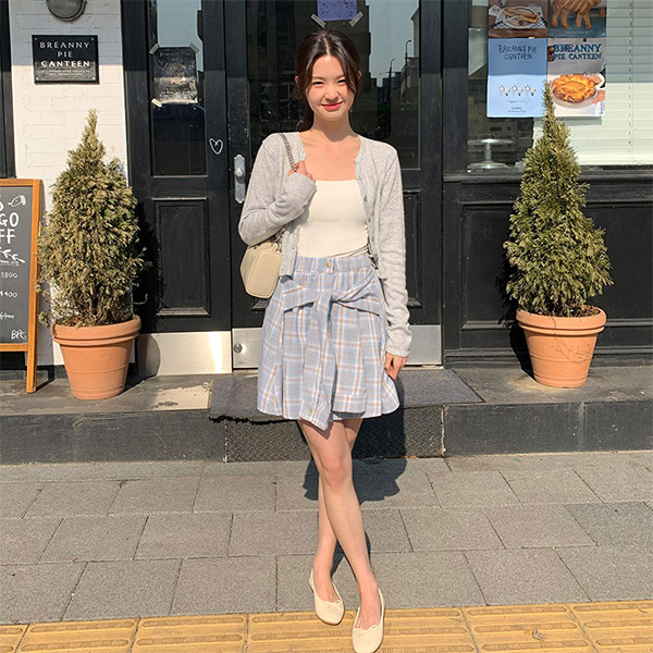(스타일UP/허리밴딩) 프린 체크 매듭 미니 스커트