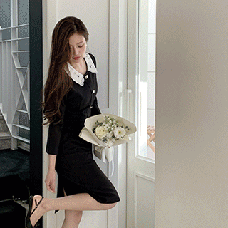 (MADE/하객룩/격식룩) 블렛미 비즈 레이스 카라 진주 버튼 H라인 원피스