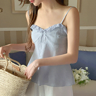 (어깨끈조절가능/여리핏♥) 베르니 프릴 리본 슬리브리스 블라우스