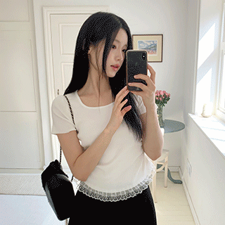 (밑단레이스입문템/찰떡핏) 앙코 밑단 레이스 셔링 반팔 니트