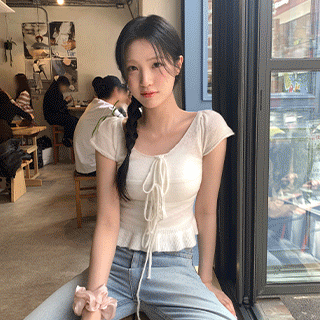 (린넨17%/핏예쁨보장/리본스트랩) 밀리 프릴 플레어 캡소매 반팔 니트