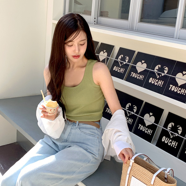 (쿨링소재/부유방커버/브라끈노출X) 로니크 베이직 U넥 골지 슬리브리스