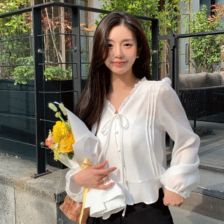 (여리핏/청순무드♥) 리퓨아 핀턱 프릴 레이스 리본 페플럼 블라우스