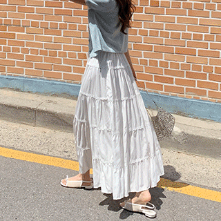 (살랑여리핏/하체커버템/여행룩) 마를리 셔링 레이스 밴딩 롱 스커트