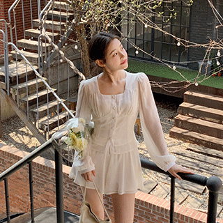 (여리무드/바지안감/세트템♥) 로랑 퍼프숄더 핀턱 블라우스 치마바지 투피스 세트