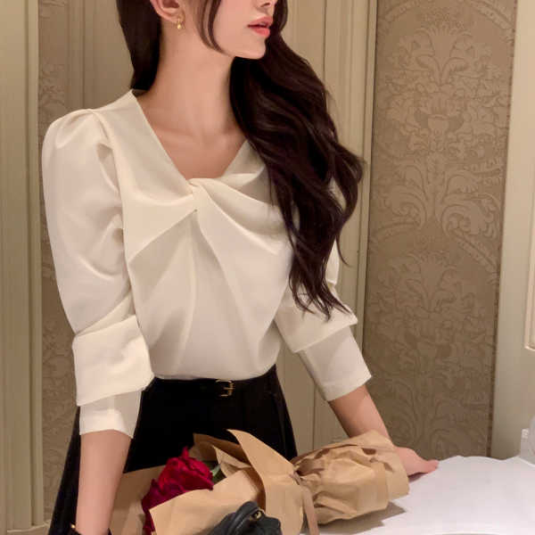 (프리미엄원단/구김제로/2타입소매) 베르엘 퍼프소매 반팔 긴팔 언발 꼬임 새틴 블라우스