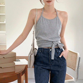 (쫀쫀/반전매력/뒷리본/휴양지룩) 로렛 백트임 골지 홀터 레이어드 크롭 나시