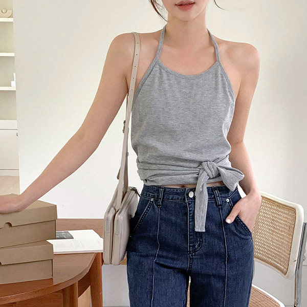 (쫀쫀/반전매력/뒷리본/휴양지룩) 로렛 백트임 골지 홀터 레이어드 크롭 나시