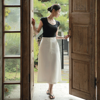 (MADE/브랜드디자인/편안한착용감) 리벨르 리본 스트랩 벨트 슬릿 롱 스커트