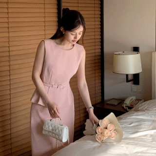 (MADE/국내생산/백화점납품) 벨라 벨트 세트 페플럼 블라우스 H라인 슬릿 스커트 셋업