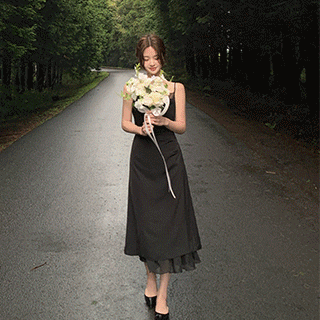 (셀프웨딩룩/MD추천♥) 이브닝 새틴 슬리브리스 셔링 롱 원피스