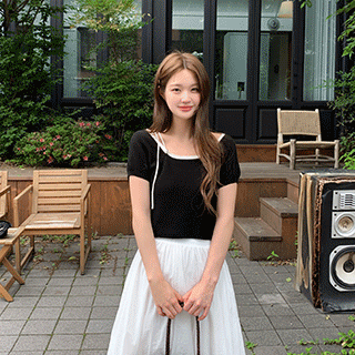 (청순여리♥/배색리본포인트) 루마엘 와플 배색 리본 크롭 반팔 니트