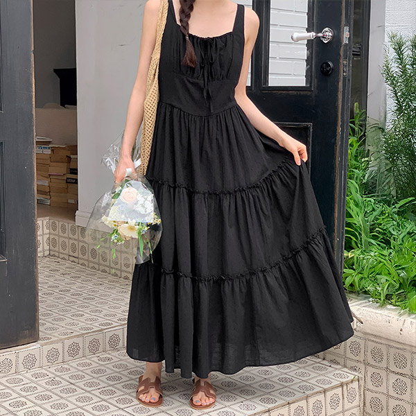 (부유방커버/휴양지룩) 러뷰미 리본 캉캉 플레어 뷔스티에 롱 원피스