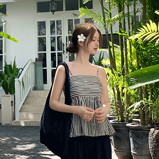 (숄더백세트/체형커버핏/코디걱정NO) 디온르 에코백 구성 스트라이프 스모크 뷔스티에 와이드 팬츠 세트