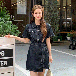 (M-L/허리잘록핏) 엘바 카라 랩 코튼 데님 반팔 미니 원피스