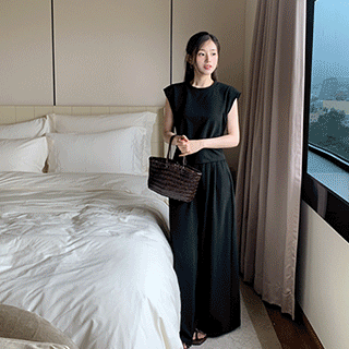 (반전뒷태♥/캡소매+팬츠세트) 리브리 셔링 백 리본 스트링 캡소매 와이드 밴딩 팬츠 세트