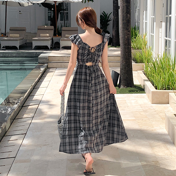 (2way연출/휴양지원피스) 마넬리 투웨이 체크 프릴 리본 컷아웃 롱 원피스