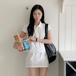 (밑단스트링/속바지안감/장마룩) 프리드 카라 집업 미니 스커트 투피스 세트