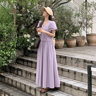 (팔뚝커버템/피크닉룩/바캉스룩) 메이린 꼬임 퍼프 소매 플레어 롱 원피스