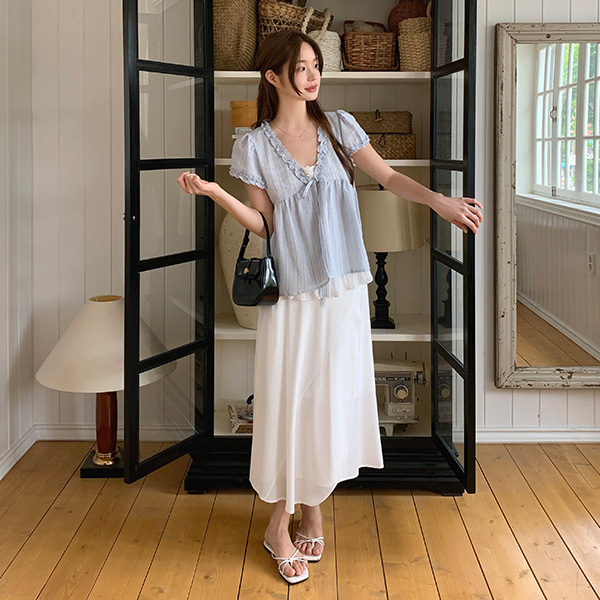 (MADE/살랑살랑/하체커버핏/S-L) 리베론 랩프릴 언발 플레어 롱 스커트