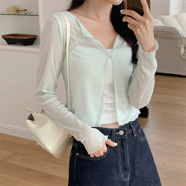 (여리핏/살안타템) 르메어 시스루 물결 버튼 크롭 가디건