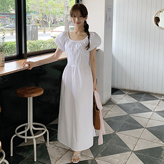 (리조트룩/체형커버핏/허리끈) 키에라 A라인 퍼프 소매 반팔 롱 원피스