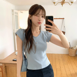 (슬림라인/가벼운착용감) 소미엘 여리핏 펀칭 세미크롭 반팔 티셔츠