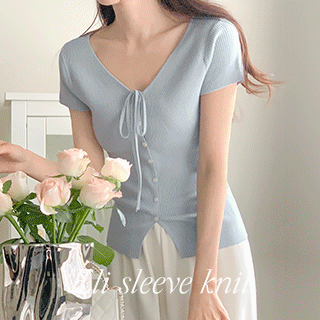 (리본포인트/팔뚝살커버) 엘리 V넥 리본 버튼 캡소매 니트