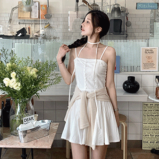 (타이세트♥) 엘시나 타이 스트랩 버튼 레이스 슬리브리스 미니 원피스