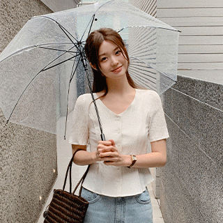 (데일리페미닌/허리슬림핏) 리세이 시어서커 슬림 핀턱 플레어 반팔 블라우스