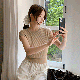 (냉감터치/슬림보정핏/보풀X) 에어벨 라운드넥 슬림 골지 캡소매 니트 티셔츠