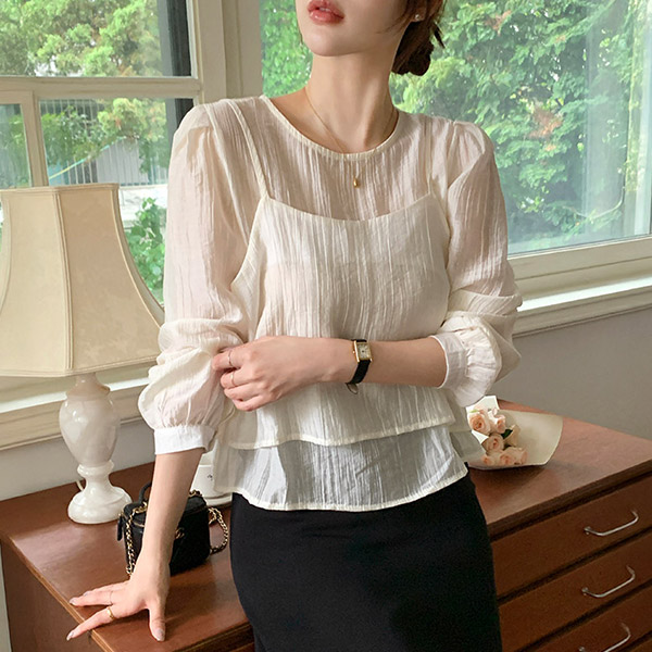 (긴팔추가!/세트템/구김↓) 로베리 링클 뷔스티에 레이어드 블라우스