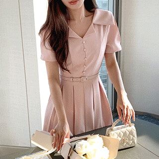 (브랜드퀄리티/백화점납품/벨트set♥) 포미 와이드 오픈 카라 벨트 세트 핀턱 플레어 원피스