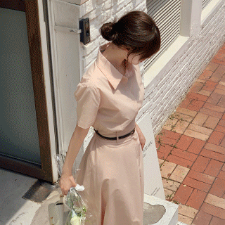 (하체커버핏/벨트set♥) 앨리 벨트 세트 반팔 셔츠 뒷밴딩 코튼 롱 원피스