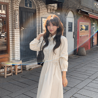 (허리핏조절/출근룩&하객룩/군살삭제핏) 에르마 셔츠 카라 스트랩 긴팔 롱 원피스