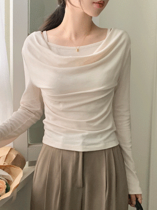 (2WAY연출/여리실루엣) 레이브 일체형 나시 레이어드 셔링 드레이프 긴팔 티셔츠