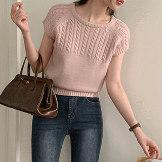  (부유방커버/출근룩) 모노어 하프 케이블 라운드넥 캡소매 반팔 니트