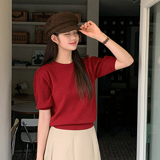 (팔뚝살완벽커버/롱비율템/퍼프하나로무드완성/소프트터치) 루비나 세미 크롭 퍼프 반팔 니트