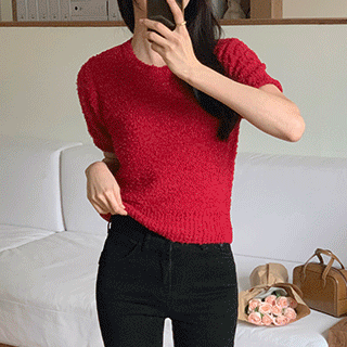 (가을니트/보송촉감/여리핏) 포니트 울 부클 라운드 반팔 니트