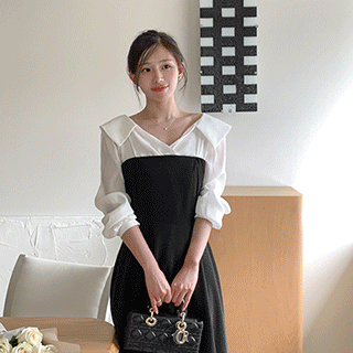 (레이어드한듯/페미닌무드/하객룩) 메이린 레이어드 배색 플랫 카라 플레어 롱 원피스